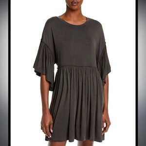 Aqua Dress Womens Medium Black Gray Baby Doll Round Neck Ruffle Washed Loungewea